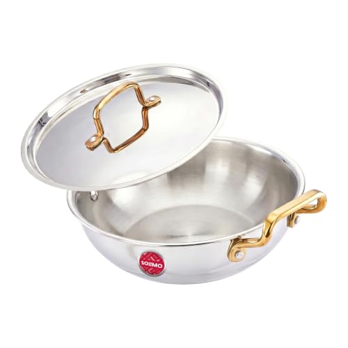 Image of Amazon Brand - Solimo Premium Triply Stainless Steel Kadhai 28cm (4.3L) | SS Lid | Even Heating | Gas & Induction Compatible | Dishwasher Safe | Food Safe SS 304 | Elegant Golden Handles | BIS Certified