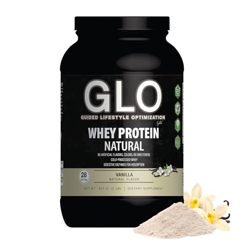 GLO Health Foods Cold-Processed Whey Protein - Vanilla Flavor - 24g Protein per Serving - Whey with Digestive Enzymes & BCAAs - Supports Muscle Growth Strength & Recovery - 2 LB (28 Servings)