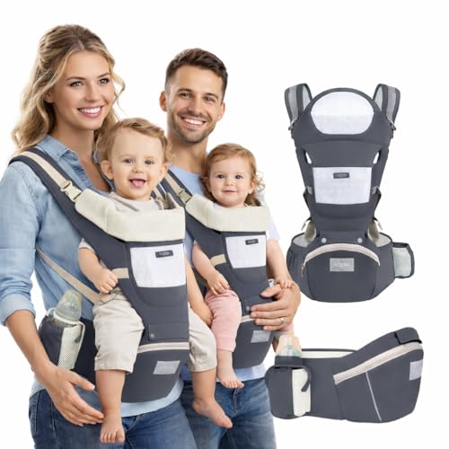 Image of KOLWA 6-in-1 Safety Certified Ergonomic Quality Baby Carrier with Hip Seat: Kangaroo Bag Design for Newborns to Toddlers. Head Supporting Front and Back Support for Parents (Grey)