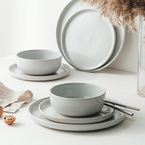 Richmount Milkyway Geschirrset,12-teiliges teller set,Steingut Geschirr Set für 4 mit Speiseteller, Dessertteller, Müslischalen, Mikrowellen & Spülmaschinenfest, Hellgrau