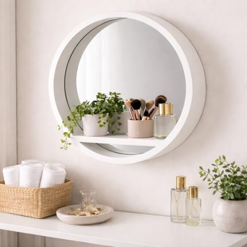HomeZone® Estantería de Pared Flotante Retro de Madera Blanca con Espejo Redondo Ojo de Buey – Estantería de Pared de Madera para Interior de salón Estantes Espejo de baño, Dormitorio