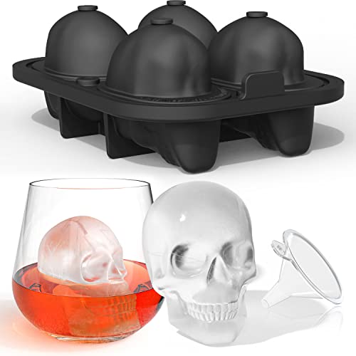 HAVOER Extra Large 3D Skull Ice Cube Mold - Flexible Silicone Skull Ice Maker Mold for Whiskey - 4 Cavity Skull Ice Cube Tray with Funnel - Skull Mold for Baking, Chocolate, Candy and Resin