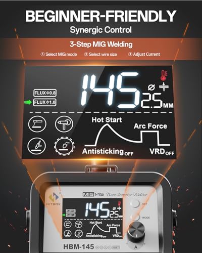 Image of HITBOX Synergy MIG Welder 110V /220V 145A Flux Core Welder 4 IN 1 Gasless MIG /Lift TIG /Stick /Support Spool Gun Portable Welding Machine with Large Colorful Digital Display