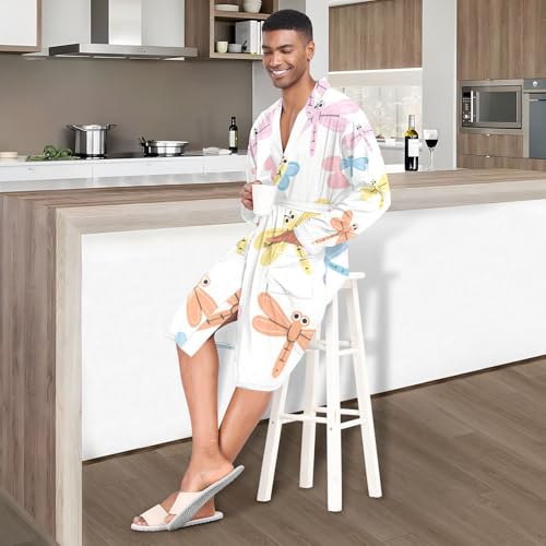 OTVEE Colorful Dragonfly Patterns Mens Night-Robe Lightweight Soft Bathrobe Sleepwear with Pockets4