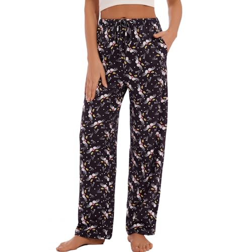 iniber Comfy Pajama Pants for Women Stretch Drawstring Lounge Pants with Pockets Casual Wide Leg Pjs Bottoms