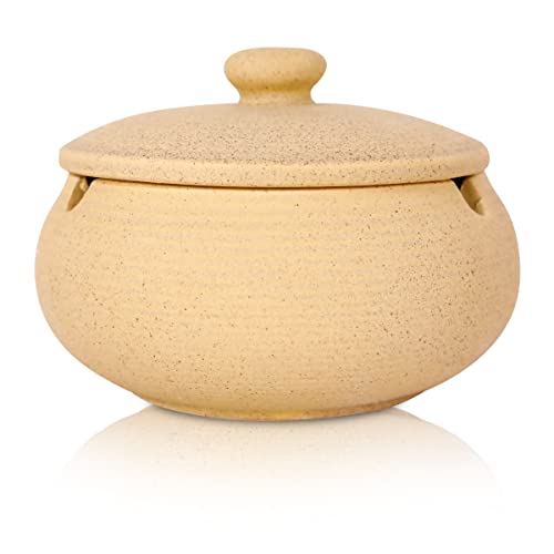 Gusnilo Ashtray with Lid Ceramic Ashtray Desktop Ashtray Windproof Ashtray Outdoor,Indoor Office Home Ashtray Practical Decorative Handmade Ashtray,Gift for Smokers(Crude Pottery Yellow)