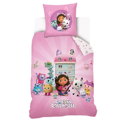 Gabby Chat - Housse de Couette Gabby et la Maison Magique 140x200 cm - 100% Coton - Rose