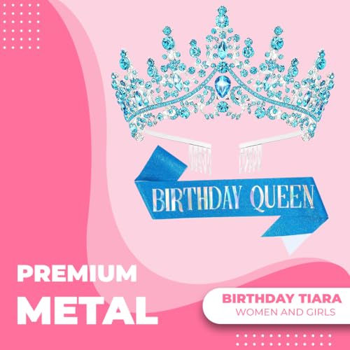 Birthday Tiara Crown with Sash for Women, Headband Hair Accessories for Wedding Party Costume (A-Blue)