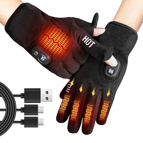 MetroTesco Rechargeable Electric Heated Winter Gloves for Men & Women, Smart Temperature/Battery Display, Thin Touchscreen Electric Heating Gloves for Motorcycling, Hunting, Skiing, Work(Lager)
