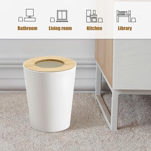 Image of White Trash Can for Bedroom with Bamboo Lid, 2.4 Gallon Open Top Trash Can 3 Pack, Modern Aesthetic Garbage Can for Room Office Living Room, Small Bathroom Trash Bin Boho Style