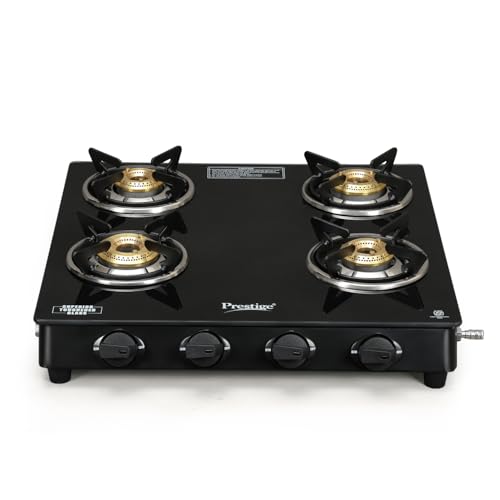 Prestige 4 Brass Burners IRIS L.P Glass Top Gas Stove, with Powder Coated Body, Black