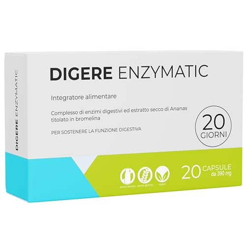 Enzimi Digestivi Completi 20 Capsule - Lattasi, Bromelina Forte, Integratore per Gonfiore Addominale e Pancia Piatta, Intolleranza al Lattosio, Senza Glutine, Digere è Made in Italy