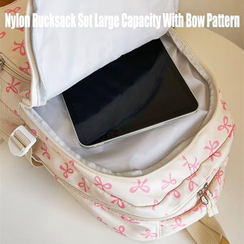 Bow Backpack 3Pcs Set for Girls, Aesthetic Daypack Bow Rucksack, Nylon Rucksack Large Capacity with Bow Pattern (1set D)4