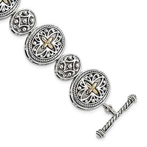 925 Sterling Silver with 14k Accent Antiqued Toggle Bracelet