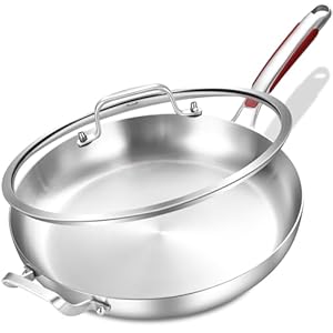 14-Inch Tri-Ply Stainless Steel Large Skillet,Griddle Pan,Large Frying Pan with Lid,Jumbo Cooker,Induction Pan,Dishwasher and Oven Safe.