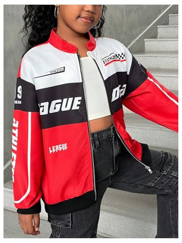WDIRARA Girl's Color Block Zip Up Bomber Jacket Letter Graphic Long Sleeve Outerwear4