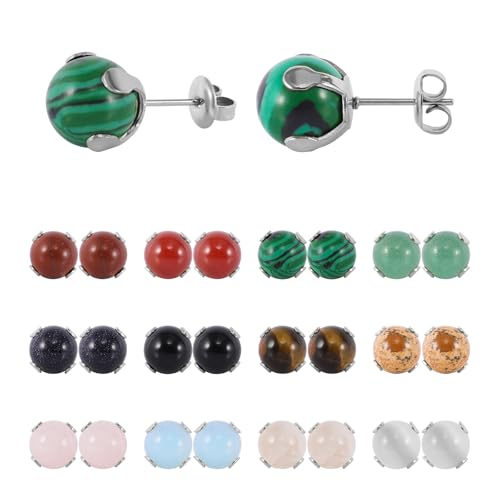 12 Pairs Multi Natural Gemstone Round Bead Ball Stud Earrings Gold Plated Stainless Steel Opal Tiger Eye Rose Quartz Onyx Stone Stud Earrings Set for Women3