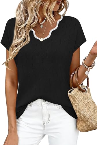 Image of WIHOLL Womens Summer Tops Cap Sleeve Sweater V Neck Shirts Beach Vacation Clothes Business Casual Fashion Clothing