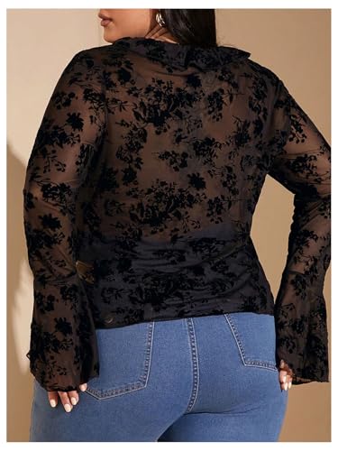 WDIRARA Women's Plus Size Floral Lace Sheer T Shirt Tie Front Long Bell Sleeve Tee Tops2