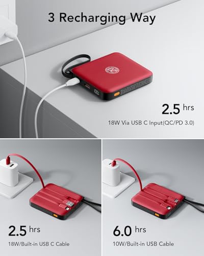 Image of VRURC 10000mAh Portable Charger Power Bank Built-in Cables | Travel Essentials,22.5W Fast Charging,LED Display,Slim,for iPhone 17 /16 /15 Series & Samsung Series,Battery Pack-Red