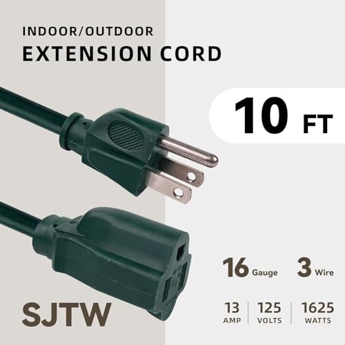 Image of 10ft Outdoor Extension Cord for Christmas Decorations - 16 /3 Heavy Duty SJTW Waterproof Green Electrical Cable with 3 Prong Grounded Plug for Safety, Great for Lawn and Major Appliances