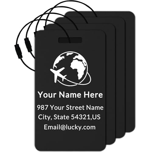 Personalized Engraved Metal Luggage Tags (Pack of 4)|Custom Name Tags for Suitcases & Travel Bags|Horizontal & Vertical|Heavy Duty & Durable (Black, Large)