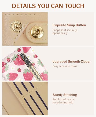 Image of Immaturus Womens Wallet, Strawberry Slim Thin RFID Blocking Card Wallets, Bifold PU Leather Credit Card Holder Organizer, Cute Cash Clutch Long Billfold with Zipper Coin Pocket Ladies Girls