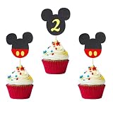 Arthsdite 24pcs 2nd Birthday Mouse Inspired Cupcake Toppers, Red, Gold, Black Glitter Mick Mouse 2nd Birthday Cake Decorations