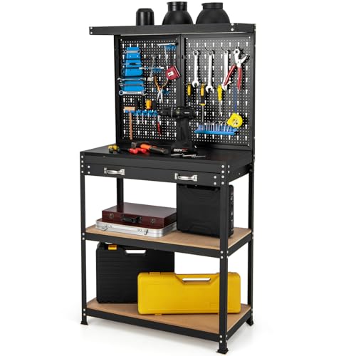 GOPLUS Banco de Trabajo Taller, Mesa de Herramientas Carga 100 kg, 81x41x155cm, con Tablero Perforado Metal, Estante Abierto, 14 Accesorios para Colgar (Azul+Negro)