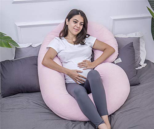 Image of 1 MIDDLE ONE Pregnancy Pillow, C Shaped Body Pillow for Maternity Support, Pregnant Women Sleeping Pillow with Velour Cover (Light Pink)