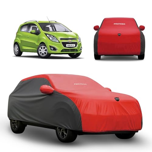 Image of PROTEGO Prime Series India's 1st Anti-Tear Car Cover for Chevrolet Beat | Heavy-Duty, Custom Fit, All Weather Protection | 100% Waterproof, Windproof & Hail Resistant | 2-Year Warranty | Red + Black