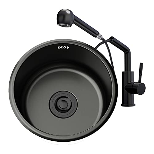 NOYHHAV Evier Rond Noir Cuisine Rénovation Bassin Evier Simple Rond Petit Evier Salle De Bains Evier Rond Lavage Légumes Et Lave Vaisselle Evier 1 Vasque et Robinet extractible(35cm, Noir set)