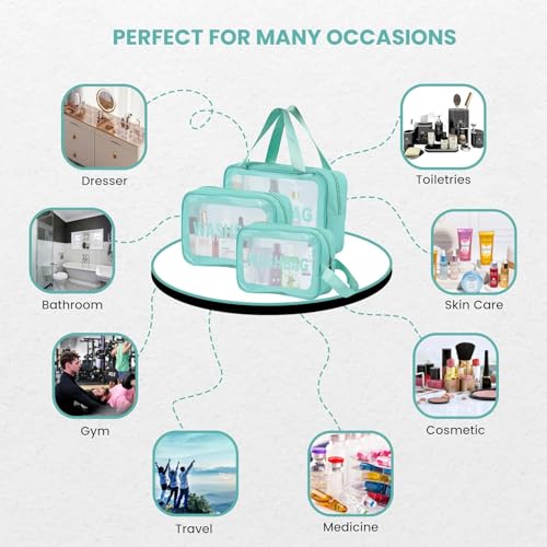Image of Gritty Wash Bag Pouch for Travel Kit Toiletry Bag Cosmetic Bag Make Up Box for Brushes,Accessories with Handle,Large Capacity Waterproof Travel Storage Organizer Set of 3(Mint Green)