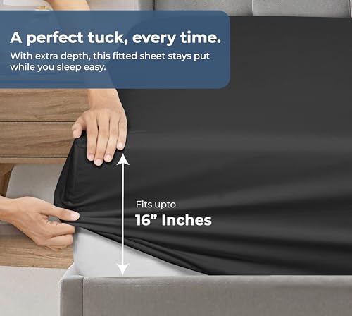 Image of Royale Linens Fitted Sheet With Pillowcase - Twin Fitted Sheets With 1 Pillowcase - 300 Thread Count 100% Organic Cotton - Fit Mattress Up to 18 inch Deep - Ultra Soft & Breathable - Black (No Flat Sheet)