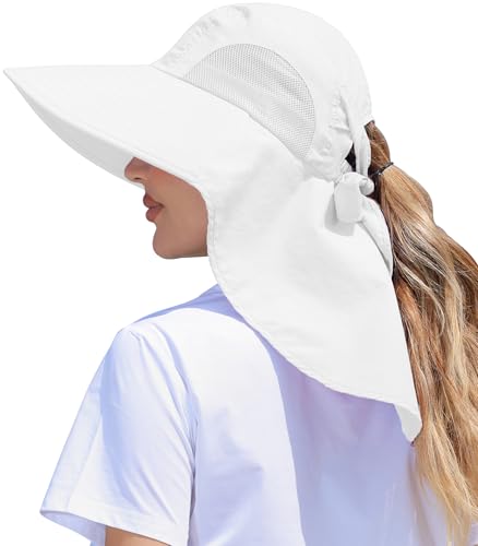 SENWAI Womens Sun Hat Outdoor UV Protection Wide Brim Fishing Hat with Ponytail Hole Neck Flap for Beach Hiking Camping White