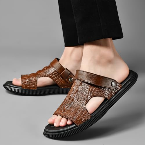 Men's Genuine Leather Fashion Sandals Classic Printing Open Toe Slingback Straps Slip-On Beach Flat Sandals Non-Slip Soft Comfortable Slide Sandals2