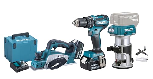 Makita DLX 3116 TJ Kit Combo Perceuse visseuse à percussion sans fil DHP 485 + Rabot sans fil DKP 180 + Fraiseuse multifonctions sans fil DRT 50 + 2x batterie 5 0 Ah + chargeur + Makpac - vue 2