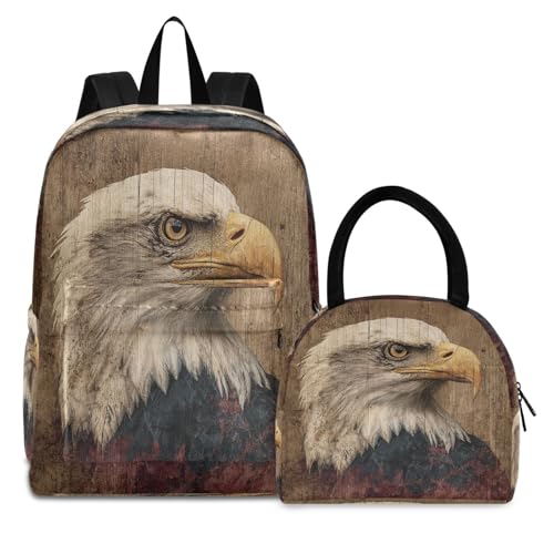 MCHIVER Wooden Brown Hawk School Backpacks for Boys & Girls Light Weight Bookbag set with Lunch Box Rucksacks for Nursery Travel 2 Pcs 16.5 Inch