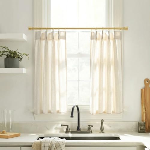 Lino Rosa Pinch Pleat Cafe Curtains 24 Inch Length for Kitchen Window Over Sink, Cream Linen Light Filtering Sheer Farmhouse Style Mini Tier Half Curtains for Windows, 24' W x 24' L