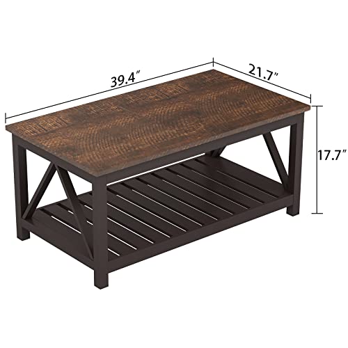 Choochoo EUR-CT19001-2TRL Farmhouse Coffee Table, Rustic Vintage Living Room Table With Shelf, 40 Espresso thumb #1