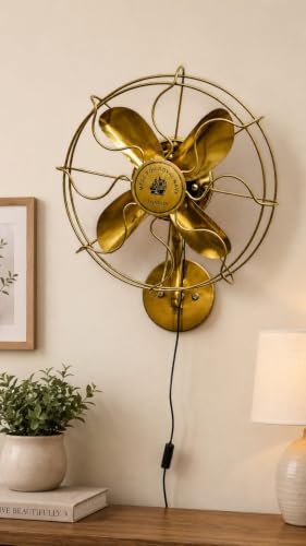 Image of Vintage Royal Navy Wall Mounted Fan, 3 Speed Motor Antique Brass Finish Metal 4 Blade Decorative Wall Fan, Nautical Industrial Style Home Decor for Living Room, Office, Cafe & Restaurant