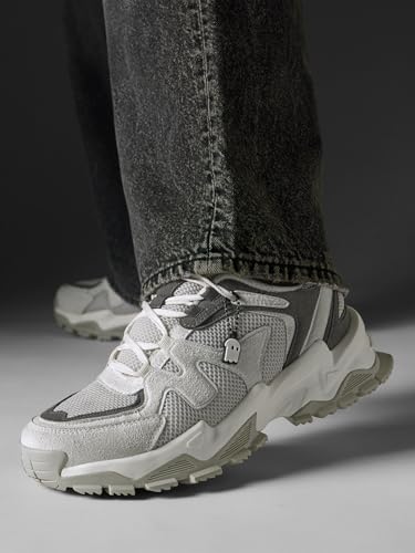 Image of The Souled Store Fumes NX: Sage Men and Boys Low Top Sneakers Green and Off White Streetwear Chunky Trainer Breathable Mesh Cushioned Midsole Durable Sole Lace Up Lightweight Padded Collar