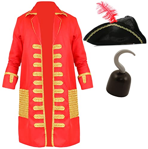 Costume de Capitaine Crochet Adulte - Standard - Manteau Pirate Rouge et Or Chapeau de Pirate Noir avec Plumes et Crochet en Plastique - Déguisement Adulte...