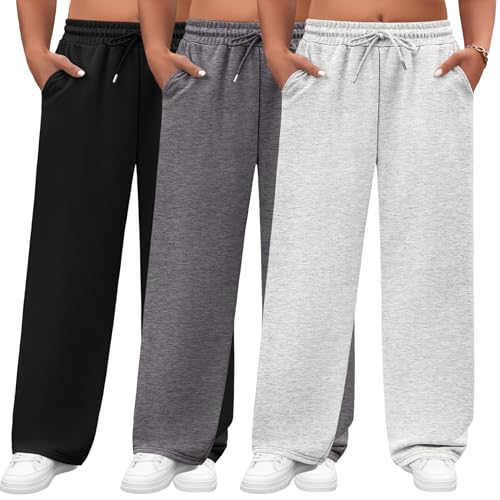Neer 3 Pack Women's Plus Size Sweatpants Wide Leg Cargo Lounge Pants High Waist Ladies' Slacks Drawstring Jogger with Pockets