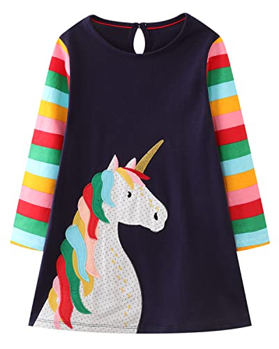 Image of Girls Cotton Long Sleeve Casual Cartoon Appliques Striped Jersey Dresses