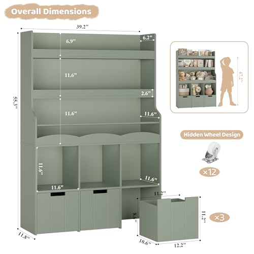 HITHOS 55.3" H Kids Bookshelf with Toy Storage Organizer, Tall Book Shelf with 3 Movable Toy Storage Bins, Large Kids Bookcase with Toys Chest, 39.2" W Modern Toys Box for Kid Room, Playroom, Green