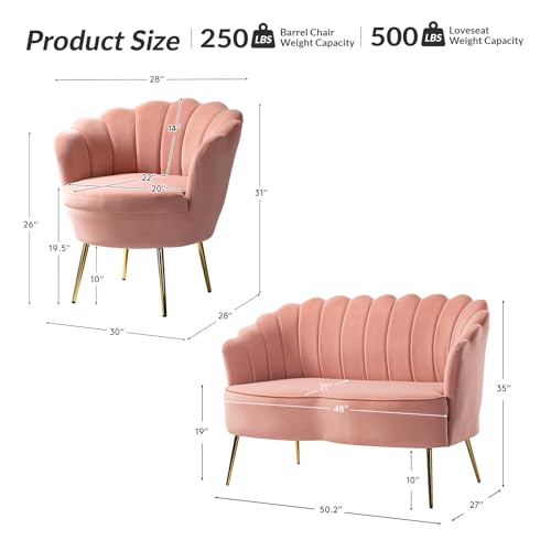 Image of HULALA HOME 3 Piece Velvet Living Room Furniture Set, Including Loveseat & 2 Sofa Chairs, Modern Comfy Upholstered 2-Seater Sofa & Accent Chair Set for Bedroom, Flower Shaped Back & Gold Legs, Pink