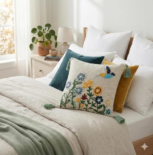 Image of Birds Flowers Embroidered Cushion Cover 16 x 16 Inches or 40x40 cms Cotton Fabric Cushion Covers for Sofa Set /Diwan Beds, Sofa Throw Pillow Cover Only, Set of 1 Pc