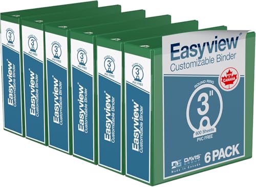 Image of Easyview Premium 3-Ring Binders with Clear-View Covers and Round Rings, Binders for School or Office, 3 Inch, Pack of 6, Green