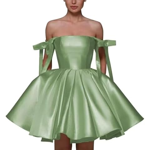 Spaghetti Strap Bow Homecoming Dress Square Neck Satin Short Prom Dress A Line Puffy HOCO Dress with Pockets US6 Sage Cover
